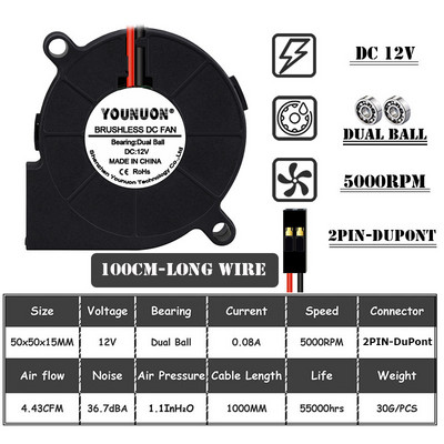 2PCS 5015 50mm DC 24V 12V 5V 2pin Dual Ball/Sleeve Bearing Brushless Cooling Turbine Blower Fan 50mm x 15mm Blower Cooler Fan