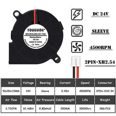 2PCS 5015 50mm DC 24V 12V 5V 2pin Dual Ball/Sleeve Bearing Brushless Cooling Turbine Blower Fan 50mm x 15mm Blower Cooler Fan