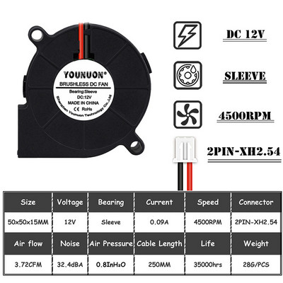 2PCS 5015 50mm DC 24V 12V 5V 2pin Dual Ball/Sleeve Bearing Brushless Cooling Turbine Blower Fan 50mm x 15mm Blower Cooler Fan