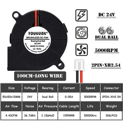 2PCS 5015 50mm DC 24V 12V 5V 2pin Dual Ball/Sleeve Bearing Brushless Cooling Turbine Blower Fan 50mm x 15mm Blower Cooler Fan