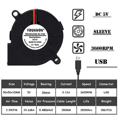 2PCS 5015 50mm DC 24V 12V 5V 2pin Dual Ball/Sleeve Bearing Brushless Cooling Turbine Blower Fan 50mm x 15mm Blower Cooler Fan