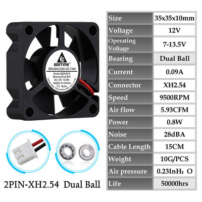 Gdstime 2 db 35x35x10mm 35mm 3510 5V 12V 24V kefe nélküli DC hűtőventillátor 35mmx35mmx10mm 3,5cm axiális mini radiátor ventilátor