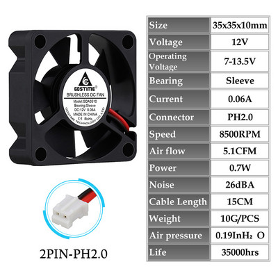 Gdstime 2 db 35x35x10mm 35mm 3510 5V 12V 24V kefe nélküli DC hűtőventillátor 35mmx35mmx10mm 3,5cm axiális mini radiátor ventilátor
