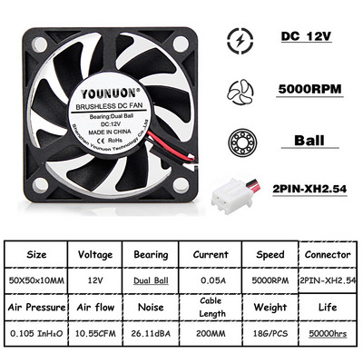 2 komada 5V 12V 24V 5010 50 mm Kuglični ležaj ventilatora 50x50x10 mm Ventilator 5010 Ventilator za hlađenje 5 cm PC prijenosno računalo Hladnjak Ventilator Hladnjak Ventilatori
