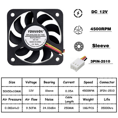 2 komada 5V 12V 24V 5010 50 mm Kuglični ležaj ventilatora 50x50x10 mm Ventilator 5010 Ventilator za hlađenje 5 cm PC prijenosno računalo Hladnjak Ventilator Hladnjak Ventilatori