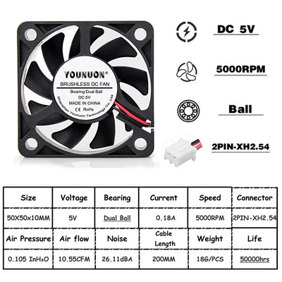 2 komada 5V 12V 24V 5010 50 mm Kuglični ležaj ventilatora 50x50x10 mm Ventilator 5010 Ventilator za hlađenje 5 cm PC prijenosno računalo Hladnjak Ventilator Hladnjak Ventilatori