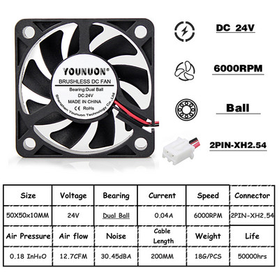 2 komada 5V 12V 24V 5010 50 mm Kuglični ležaj ventilatora 50x50x10 mm Ventilator 5010 Ventilator za hlađenje 5 cm PC prijenosno računalo Hladnjak Ventilator Hladnjak Ventilatori