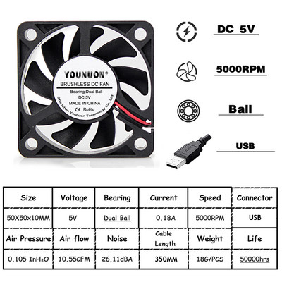 2 komada 5V 12V 24V 5010 50 mm Kuglični ležaj ventilatora 50x50x10 mm Ventilator 5010 Ventilator za hlađenje 5 cm PC prijenosno računalo Hladnjak Ventilator Hladnjak Ventilatori