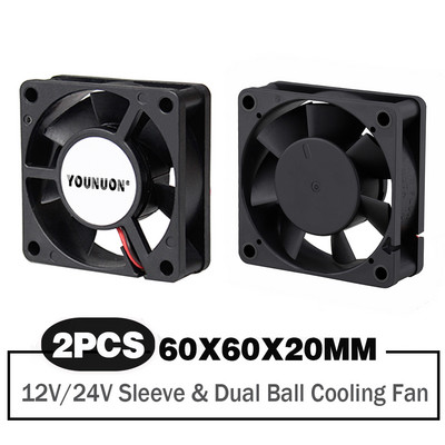 2 KOM YOUNUON 60x60x20mm 6020 12V 24V Dual Ball 3D Printer Cooler Ventilator 60mmx20mm Strojna oprema bez četkica DC Motor Ventilator za hlađenje