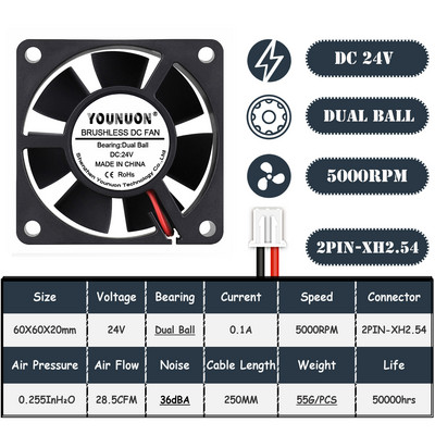 2 DB YOUNUON 60x60x20mm 6020 12V 24V Dual Ball 3D nyomtató hűtőventilátor 60mmx20mm kefe nélküli gépi felszerelés DC motor hűtőventilátor