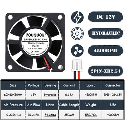 2 DB YOUNUON 60x60x20mm 6020 12V 24V Dual Ball 3D nyomtató hűtőventilátor 60mmx20mm kefe nélküli gépi felszerelés DC motor hűtőventilátor