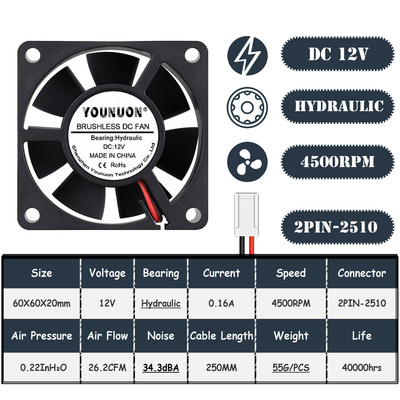 2 DB YOUNUON 60x60x20mm 6020 12V 24V Dual Ball 3D nyomtató hűtőventilátor 60mmx20mm kefe nélküli gépi felszerelés DC motor hűtőventilátor