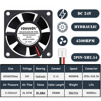 2 DB YOUNUON 60x60x20mm 6020 12V 24V Dual Ball 3D nyomtató hűtőventilátor 60mmx20mm kefe nélküli gépi felszerelés DC motor hűtőventilátor