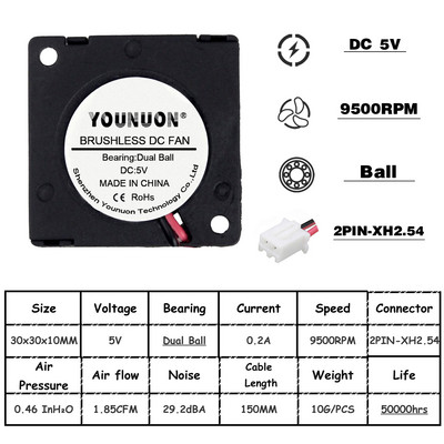 2 db YOUNUON kettős golyóscsapágyas 30x30x10mm ventilátor DC 5V/12V/24V 30mm 3010 turbó ventilátor hűtőventilátor 3D nyomtató hűtőventillátor