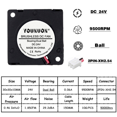 2 db YOUNUON kettős golyóscsapágyas 30x30x10mm ventilátor DC 5V/12V/24V 30mm 3010 turbó ventilátor hűtőventilátor 3D nyomtató hűtőventillátor