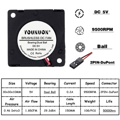 2 db YOUNUON kettős golyóscsapágyas 30x30x10mm ventilátor DC 5V/12V/24V 30mm 3010 turbó ventilátor hűtőventilátor 3D nyomtató hűtőventillátor