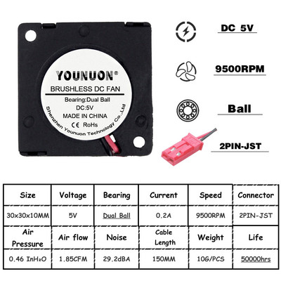 2 db YOUNUON kettős golyóscsapágyas 30x30x10mm ventilátor DC 5V/12V/24V 30mm 3010 turbó ventilátor hűtőventilátor 3D nyomtató hűtőventillátor