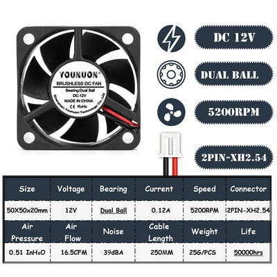 2 db 50mm-es 5cm-es 50x50x20mm-es DC kefe nélküli ventilátor 5V/12V/24 hűtőventilátor PC-hez Laptop számítógépház Hűtőventilátor Axiális ventilátorok