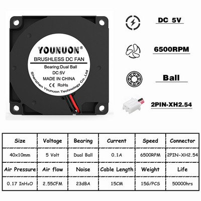 2 ks YOUNON 40 mm ventilátor 4010 40x40x10 mm DC bezkefkový turbo ventilátor pre 3D tlačiareň 5V 12V 24V 4CM ventilátor s dvojitým guľôčkovým ložiskom