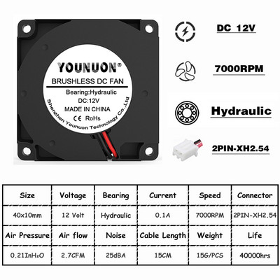 2 ks YOUNON 40 mm ventilátor 4010 40x40x10 mm DC bezkefkový turbo ventilátor pre 3D tlačiareň 5V 12V 24V 4CM ventilátor s dvojitým guľôčkovým ložiskom