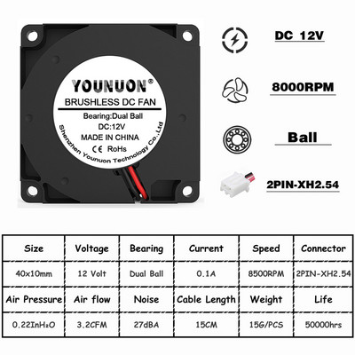 2 ks YOUNON 40 mm ventilátor 4010 40x40x10 mm DC bezkefkový turbo ventilátor pre 3D tlačiareň 5V 12V 24V 4CM ventilátor s dvojitým guľôčkovým ložiskom