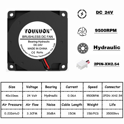 2 ks YOUNON 40 mm ventilátor 4010 40x40x10 mm DC bezkefkový turbo ventilátor pre 3D tlačiareň 5V 12V 24V 4CM ventilátor s dvojitým guľôčkovým ložiskom