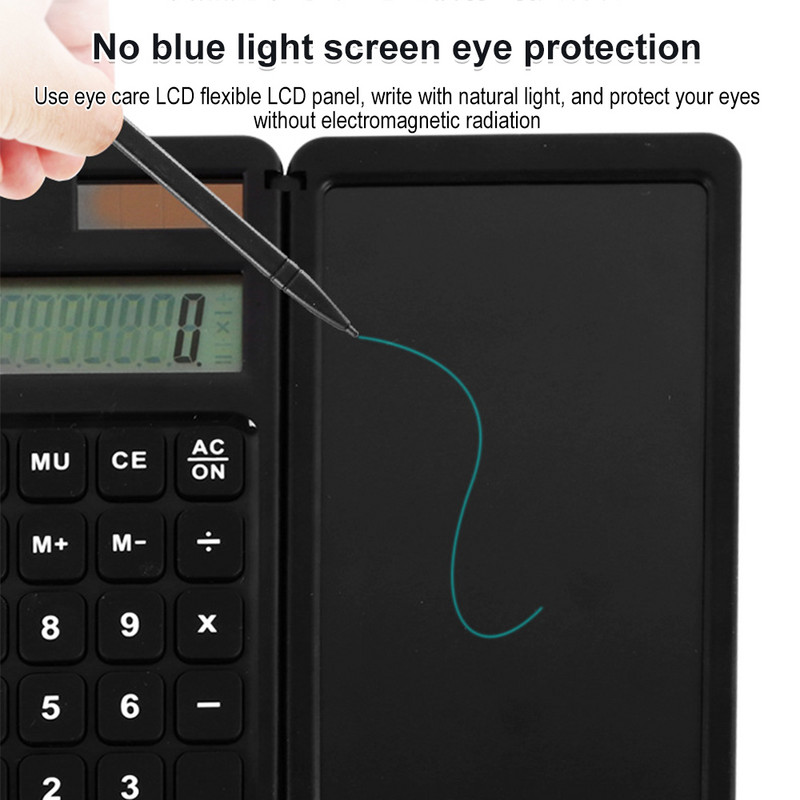 10 ciparu salokāms kalkulators ar LCD rokraksta dēli Pārnēsājami kalkulatori ar irbuļa pildspalvas dzēšanas pogas bloķēšanas funkciju Uzziniet