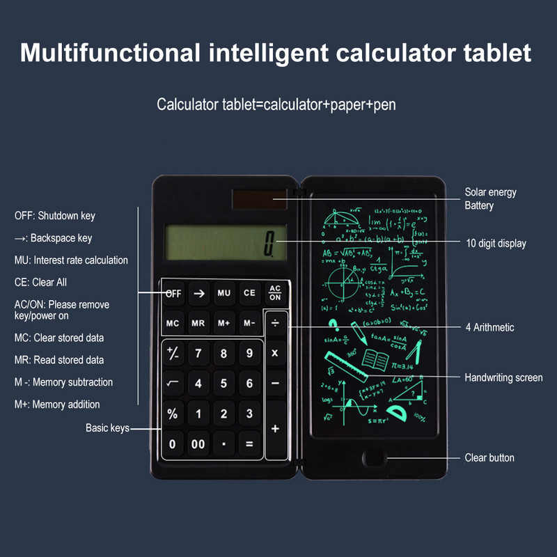 10 ciparu salokāms kalkulators ar LCD rokraksta dēli Pārnēsājami kalkulatori ar irbuļa pildspalvas dzēšanas pogas bloķēšanas funkciju Uzziniet