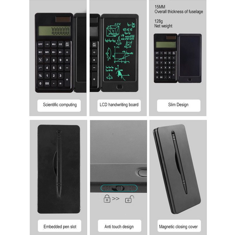 10 ciparu salokāms kalkulators ar LCD rokraksta dēli Pārnēsājami kalkulatori ar irbuļa pildspalvas dzēšanas pogas bloķēšanas funkciju Uzziniet