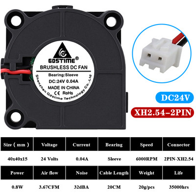 2db Gdstime 40mm 24V 12V 5V DC kefe nélküli 40x40x15mm radiális hűtő turbó ventilátor barkács 3D nyomtató extruder párásítóhoz 4015