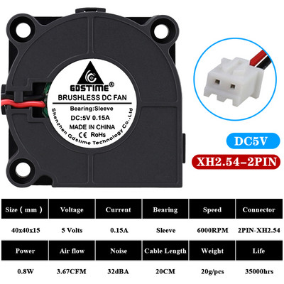 2db Gdstime 40mm 24V 12V 5V DC kefe nélküli 40x40x15mm radiális hűtő turbó ventilátor barkács 3D nyomtató extruder párásítóhoz 4015