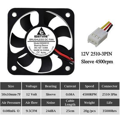 2Pcs Gdstime DC 5V 12V 24V Ventilator 50mm 50x50x10mm Dual Ball Ispuh Hladnjak bez četkica 5cm 50mmx10mm PC Prijenosno računalo Ventilator za hlađenje