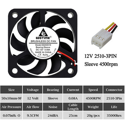 2Pcs Gdstime DC 5V 12V 24V Ventilator 50mm 50x50x10mm Dual Ball Ispuh Hladnjak bez četkica 5cm 50mmx10mm PC Prijenosno računalo Ventilator za hlađenje