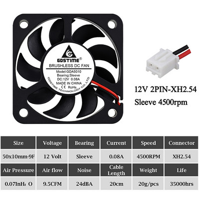 2Pcs Gdstime DC 5V 12V 24V Ventilator 50mm 50x50x10mm Dual Ball Ispuh Hladnjak bez četkica 5cm 50mmx10mm PC Prijenosno računalo Ventilator za hlađenje