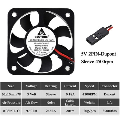 2Pcs Gdstime DC 5V 12V 24V Ventilator 50mm 50x50x10mm Dual Ball Ispuh Hladnjak bez četkica 5cm 50mmx10mm PC Prijenosno računalo Ventilator za hlađenje