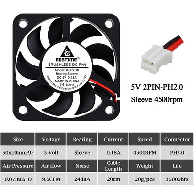 2Pcs Gdstime DC 5V 12V 24V Ventilator 50mm 50x50x10mm Dual Ball Ispuh Hladnjak bez četkica 5cm 50mmx10mm PC Prijenosno računalo Ventilator za hlađenje