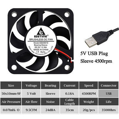 2Pcs Gdstime DC 5V 12V 24V Ventilator 50mm 50x50x10mm Dual Ball Ispuh Hladnjak bez četkica 5cm 50mmx10mm PC Prijenosno računalo Ventilator za hlađenje