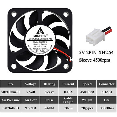 2Pcs Gdstime DC 5V 12V 24V Ventilator 50mm 50x50x10mm Dual Ball Ispuh Hladnjak bez četkica 5cm 50mmx10mm PC Prijenosno računalo Ventilator za hlađenje