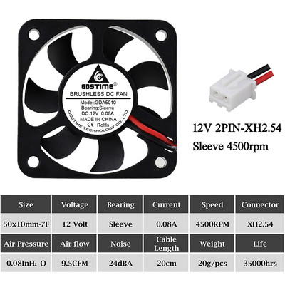 2Pcs Gdstime DC 5V 12V 24V Ventilator 50mm 50x50x10mm Dual Ball Ispuh Hladnjak bez četkica 5cm 50mmx10mm PC Prijenosno računalo Ventilator za hlađenje