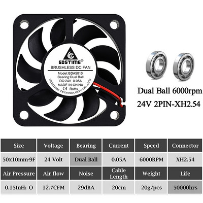 2Pcs Gdstime DC 5V 12V 24V Ventilator 50mm 50x50x10mm Dual Ball Ispuh Hladnjak bez četkica 5cm 50mmx10mm PC Prijenosno računalo Ventilator za hlađenje