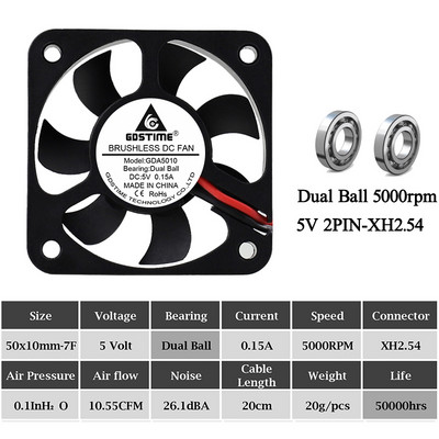 2Pcs Gdstime DC 5V 12V 24V Ventilator 50mm 50x50x10mm Dual Ball Ispuh Hladnjak bez četkica 5cm 50mmx10mm PC Prijenosno računalo Ventilator za hlađenje