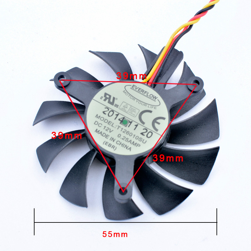 T126010SU Átmérő 55mm lyukosztás 39mm DC12V 0.25A Hűtőventilátor lágy router hőelvezetéséhez alumínium lemezes grafikus kártya