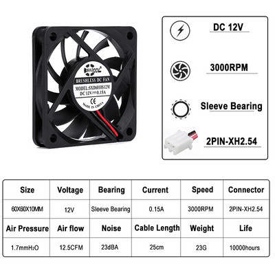 2kom 60mm ventilator za hlađenje 12V 24V bez četkica 2PIN 3PIN DC hladnjak ventilator 60x60x10mm 6010 6cm 2.36 inča za hlađenje CPU kućišta računala