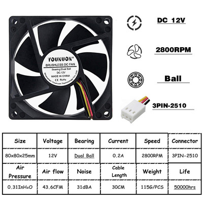 1 komad 80mm 8025 80X80X25MM Ventilator za hlađenje 5V/12V/24V DC Ventilator za hlađenje bez četkica 8025 Aksijalni ventilator s rukavcem i dvostrukim kugličnim ležajem