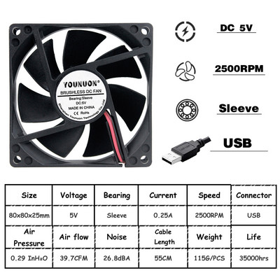1 komad 80mm 8025 80X80X25MM Ventilator za hlađenje 5V/12V/24V DC Ventilator za hlađenje bez četkica 8025 Aksijalni ventilator s rukavcem i dvostrukim kugličnim ležajem
