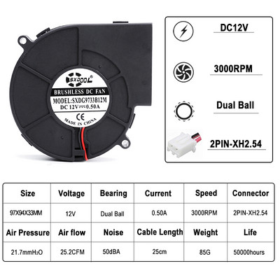Novi SXDOOL DC 9733 12V 24V Ventilator 97 mm 97 x 33 mm BBQ Puhalo Puhalo velikog protoka zraka Centrifugalni ventilator 3000 RPM rukavac/kuglični ležaj