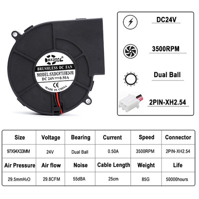 Novi SXDOOL DC 9733 12V 24V Ventilator 97 mm 97 x 33 mm BBQ Puhalo Puhalo velikog protoka zraka Centrifugalni ventilator 3000 RPM rukavac/kuglični ležaj