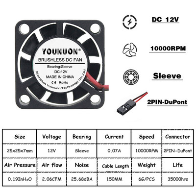 2vnt YOUNUON 25mm 5V 12V aušinimo ventiliatorius 25mmx25mmx7mm DC bešepetėlis mini aušintuvo ventiliatorius 2507 25x7mm aušinimo radiatoriaus radiatorių radiatorių ventiliatorius