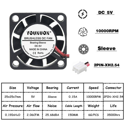 2vnt YOUNUON 25mm 5V 12V aušinimo ventiliatorius 25mmx25mmx7mm DC bešepetėlis mini aušintuvo ventiliatorius 2507 25x7mm aušinimo radiatoriaus radiatorių radiatorių ventiliatorius