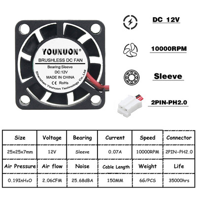 2vnt YOUNUON 25mm 5V 12V aušinimo ventiliatorius 25mmx25mmx7mm DC bešepetėlis mini aušintuvo ventiliatorius 2507 25x7mm aušinimo radiatoriaus radiatorių radiatorių ventiliatorius